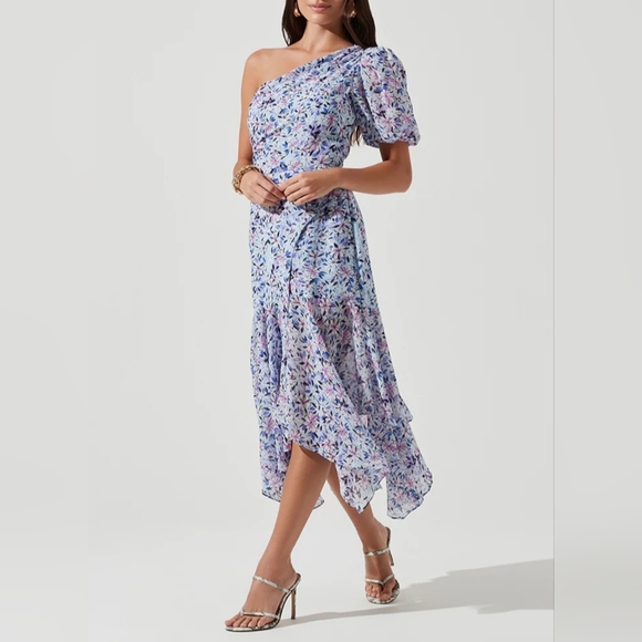 Astr One Shoulder Floral Dress - Blue and Purple - Picture 1 of 8
